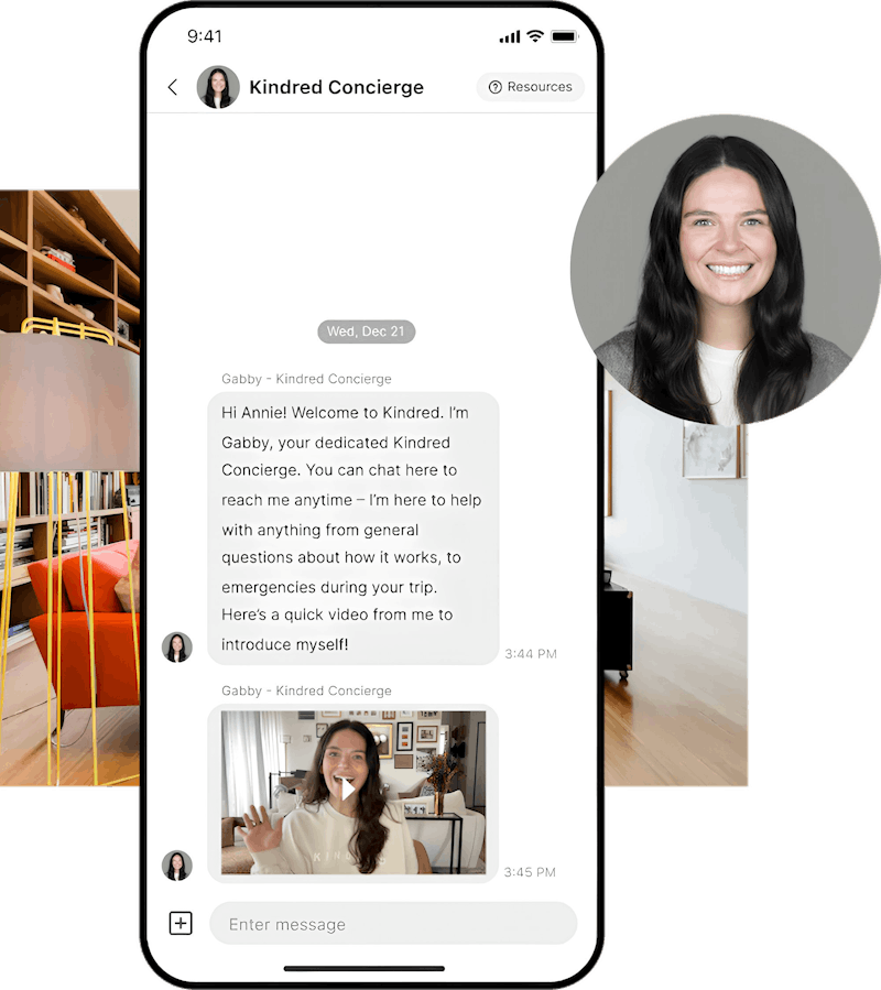 Screenshot of the Kindred app’s concierge chat feature where users can receive help with booking and hosting, highlighting the support available for travelers.