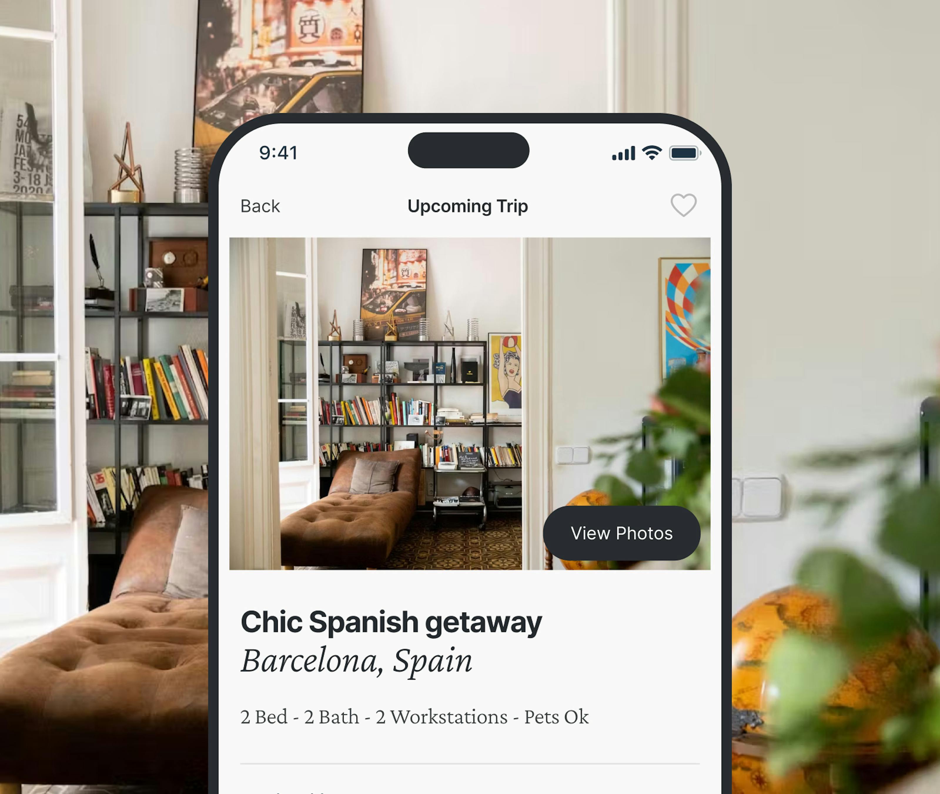 Interior of a Barcelona getaway showing on the Kindred app, where one credit per night lets you book from over 20,000+ homes worldwide.