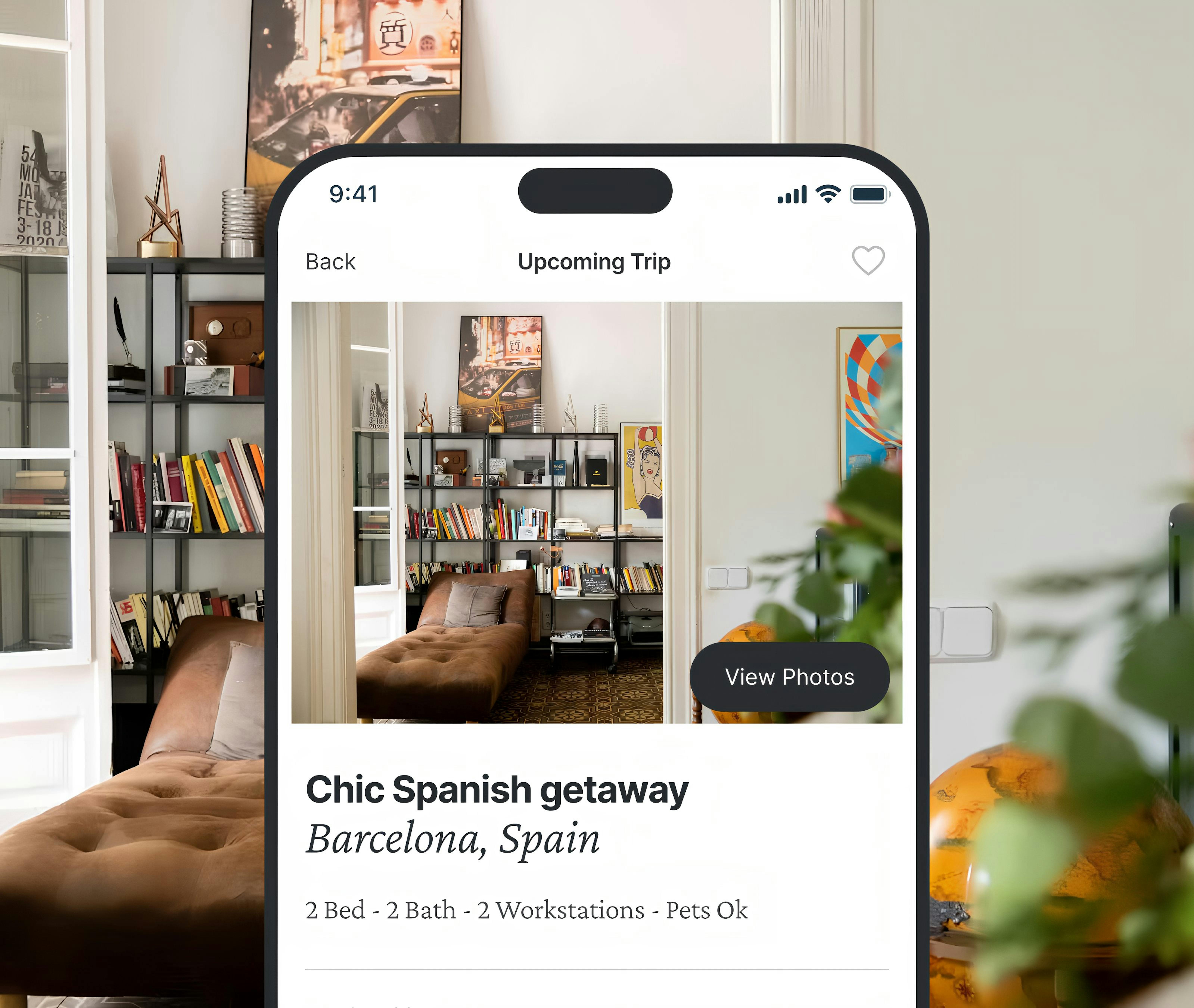 Interior of a Barcelona getaway showing on the Kindred app, where one credit per night lets you book from over 80,000+ homes worldwide.