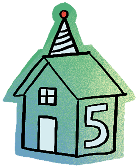 Casa verde desenhada à mão, com um chapéu de festa e um grande 5 na lateral.
