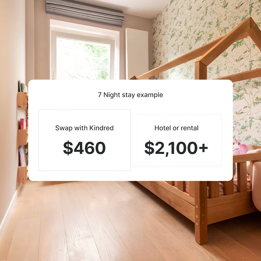 Affordable family travel with Kindred home swapping, showcasing a cozy child’s bedroom with a wooden bed. Enjoy budget-friendly stays that provide more space and comfort compared to costly hotel rooms, making sustainable travel easier for families.