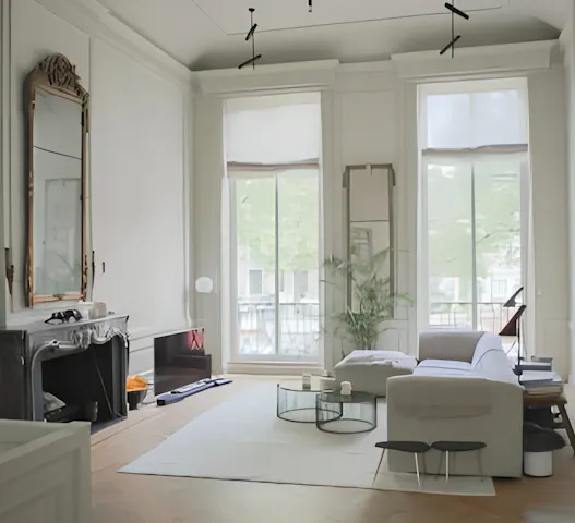 Elegant living room in Amsterdam with high ceilings, large windows, and minimalist decor, available through Kindred home swapping for $13 per night.