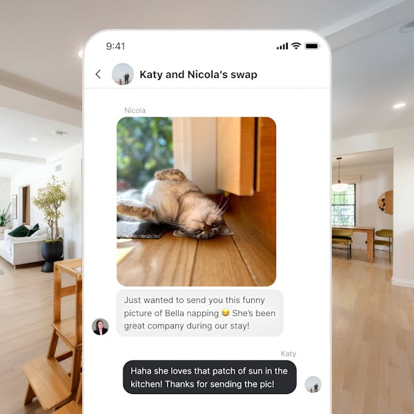 Kindred home swapping chat between pet parents, sharing updates about pets during a stay. Connect with fellow pet parents who can provide reliable pet-sitting services, ensuring your pets are cared for while you’re away.