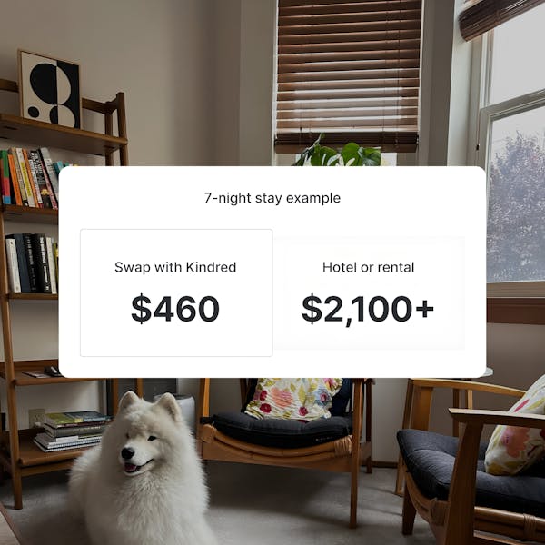 Affordable pet-friendly travel with Kindred home swaps, showing a happy dog in a cozy living room. Save on pet fees and daycare costs by choosing a home swap that welcomes your furry family members.