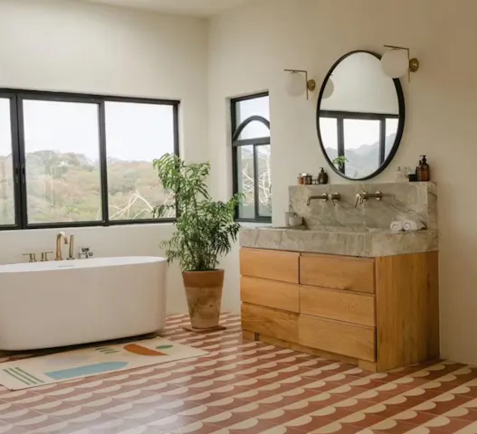 Bright bathroom with scenic views, designed for wellness-focused retirees looking to maintain healthy routines during a home exchange with Kindred.