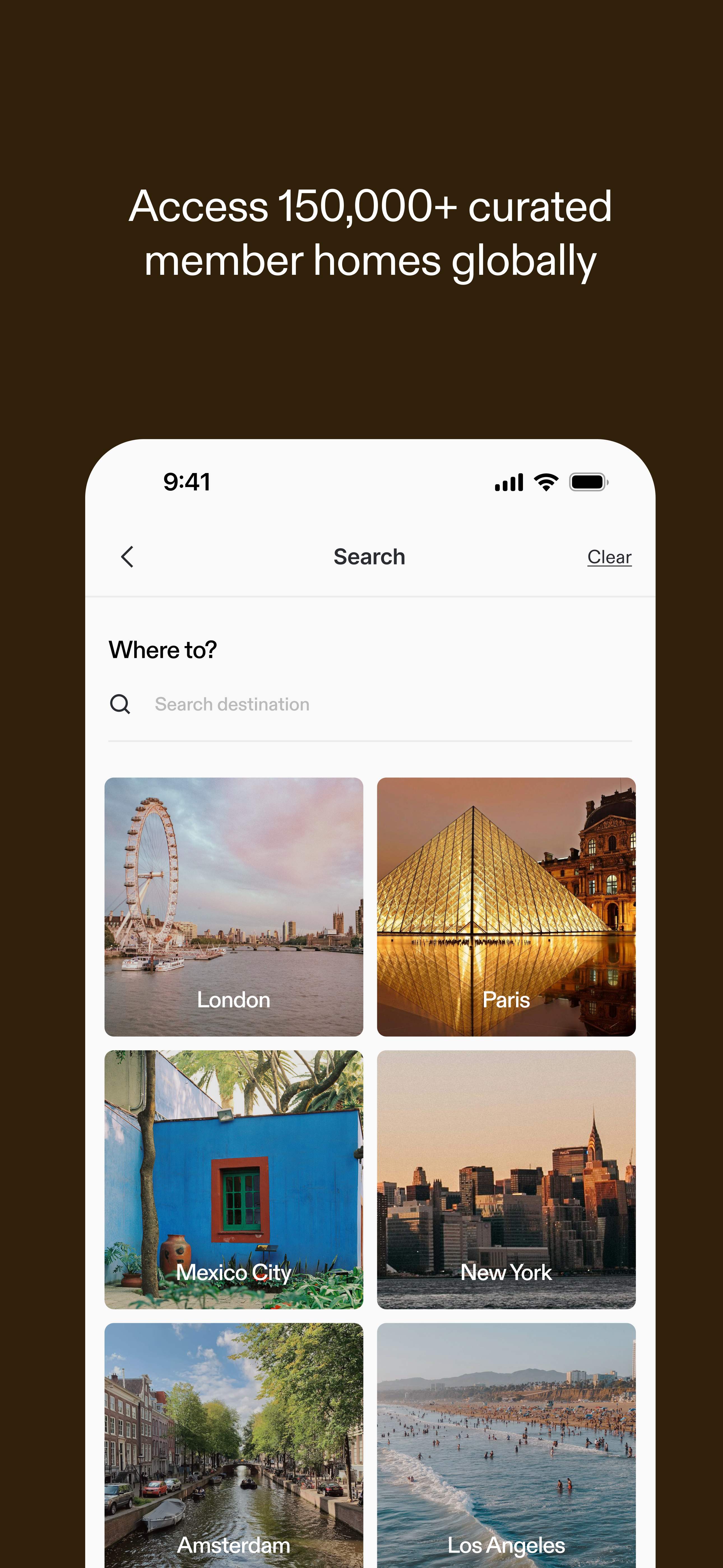 Mobile app screen showing search destinations like London, Paris, Mexico City, and New York—promoting access to 190,000+ curated homes through global home swapping with Kindred.