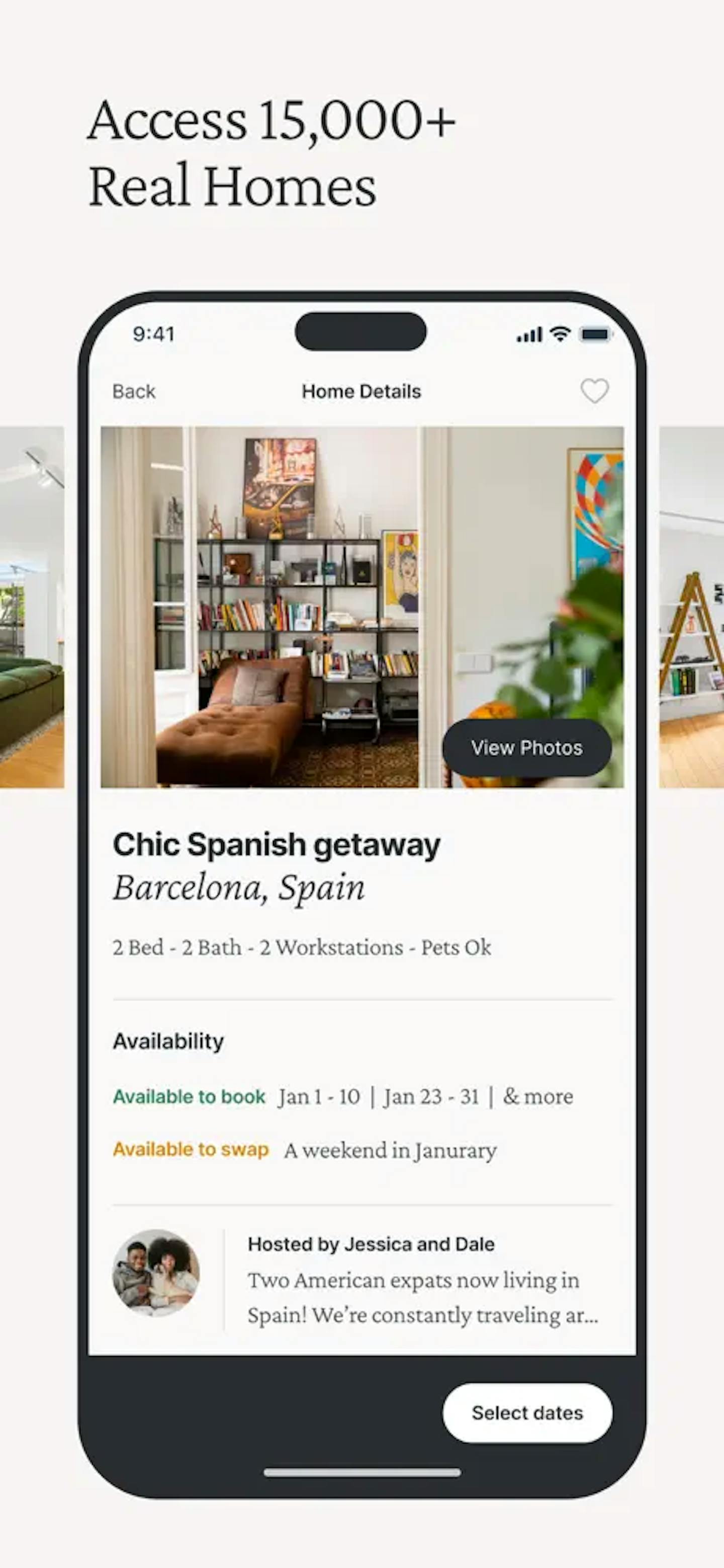 Access 20,000+ real homes globally with Kindred - Detailed view of a chic Barcelona apartment listing, highlighting the vast selection of authentic and cozy accommodations available for swapping.