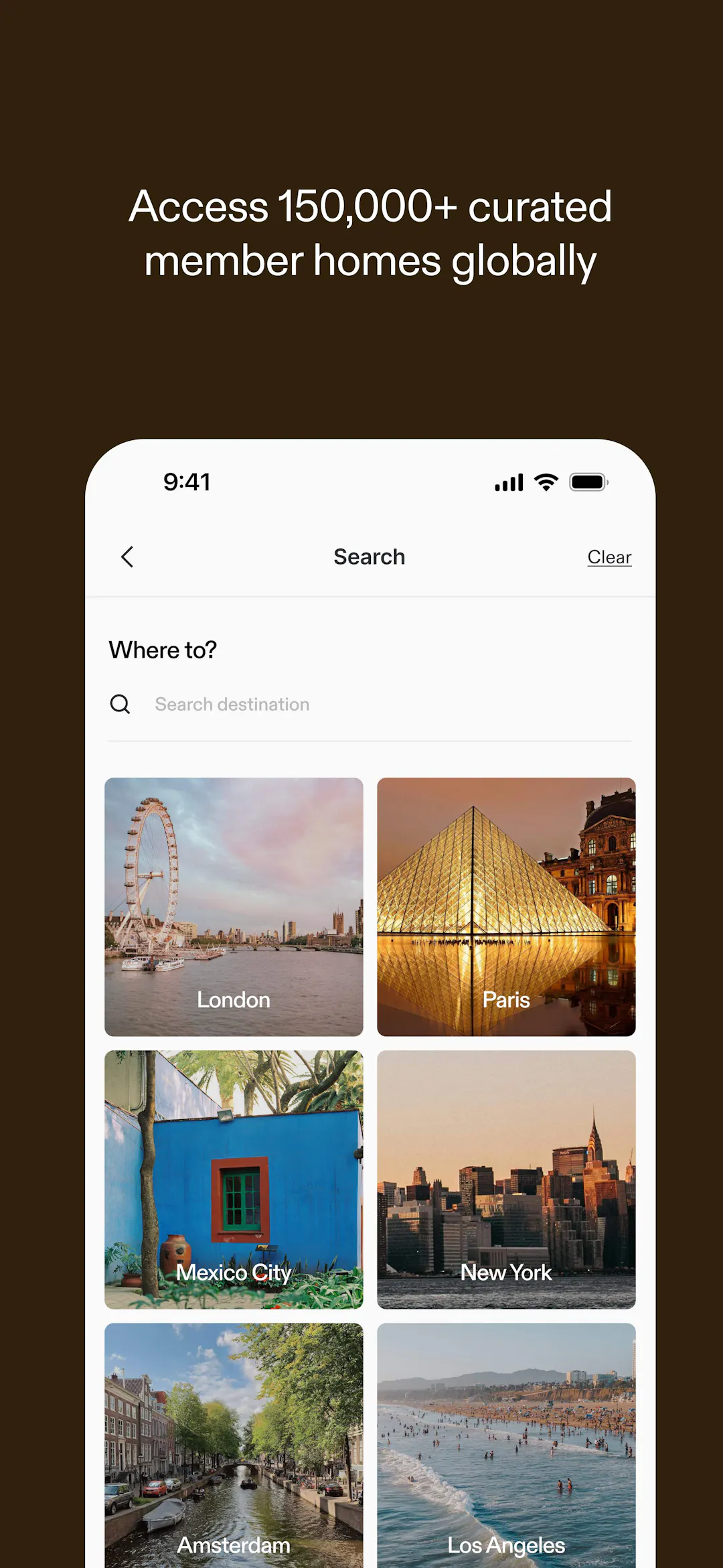Mobile-App-Bildschirm, der Suchziele wie London, Paris, Mexiko-Stadt und New York zeigt – Zugang zu über 190.000 sorgfältig ausgewählten Unterkünften über den weltweiten Wohnungstausch mit Kindred.