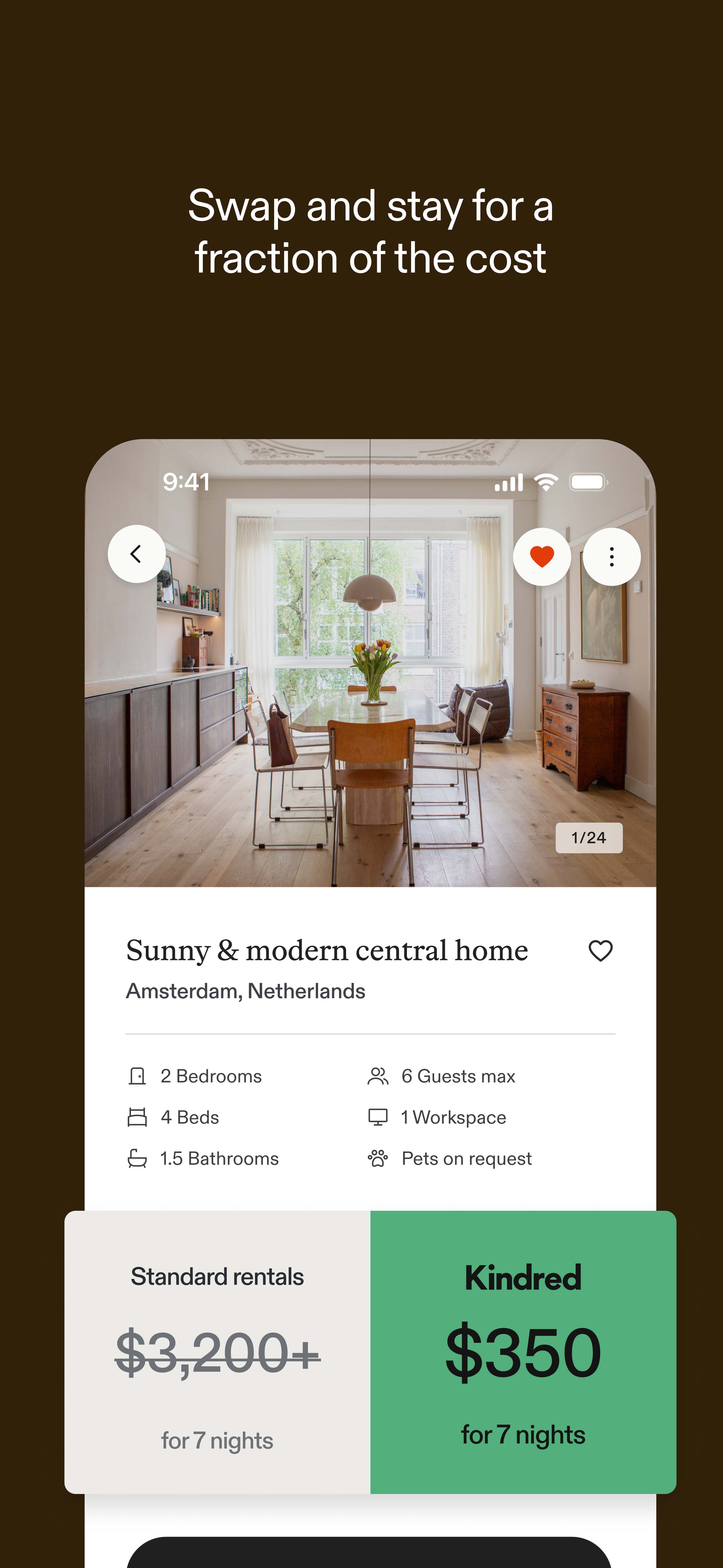 Kindred app interface comparing a stylish Amsterdam home swap at $350 to a $3,200 rental—emphasizing the affordability of home exchanging for modern travelers seeking value and comfort.
