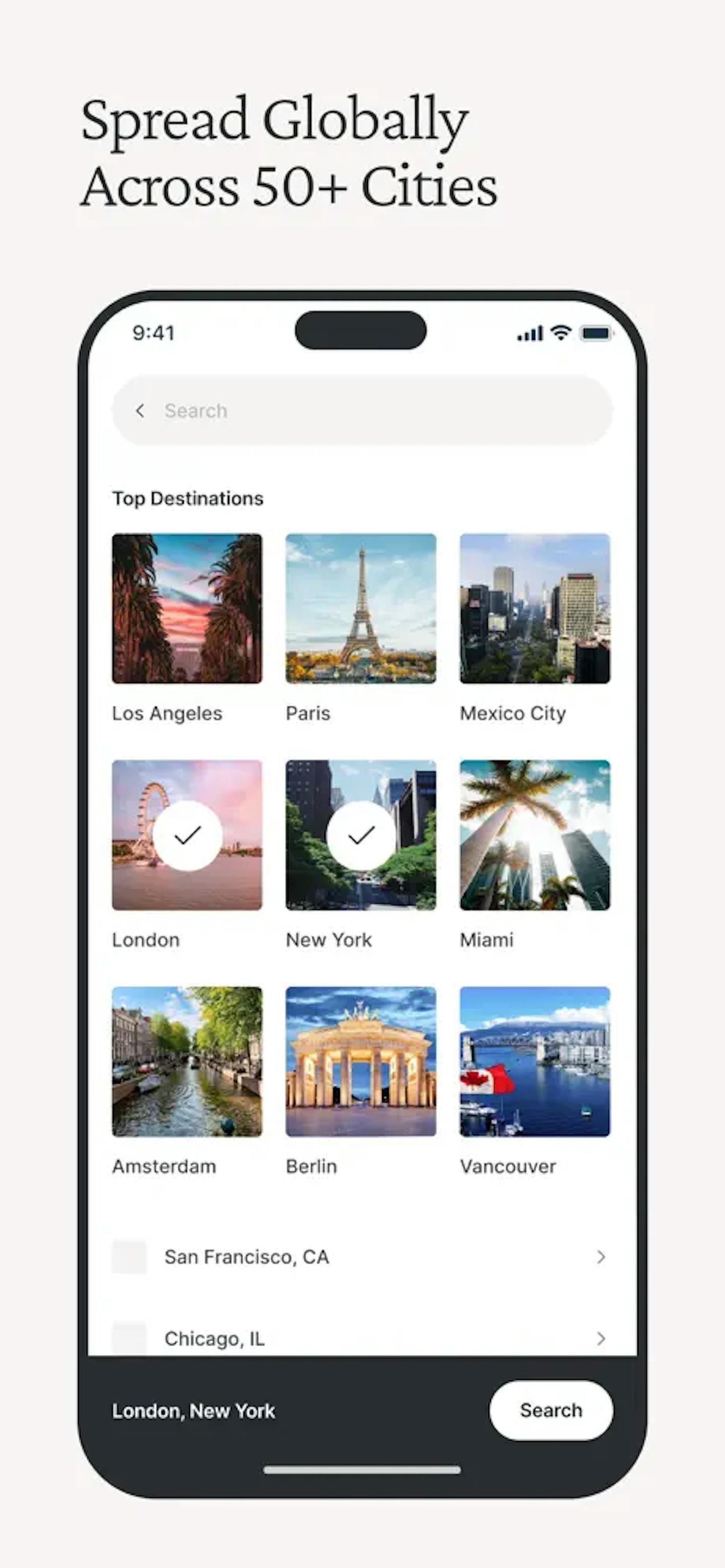 Explore over 50+ cities with Kindred - A visual selection of top travel destinations including iconic landmarks from Los Angeles to Paris, available for home swapping on the app.