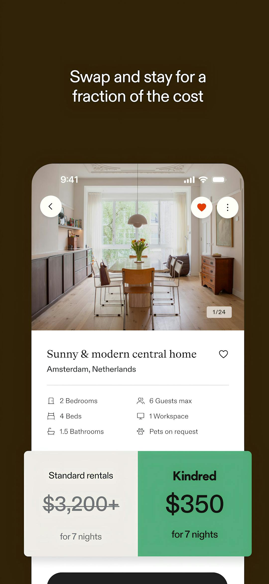 Kindred app interface comparing a stylish Amsterdam home swap at $350 to a $3,200 rental—emphasizing the affordability of home exchanging for modern travelers seeking value and comfort.