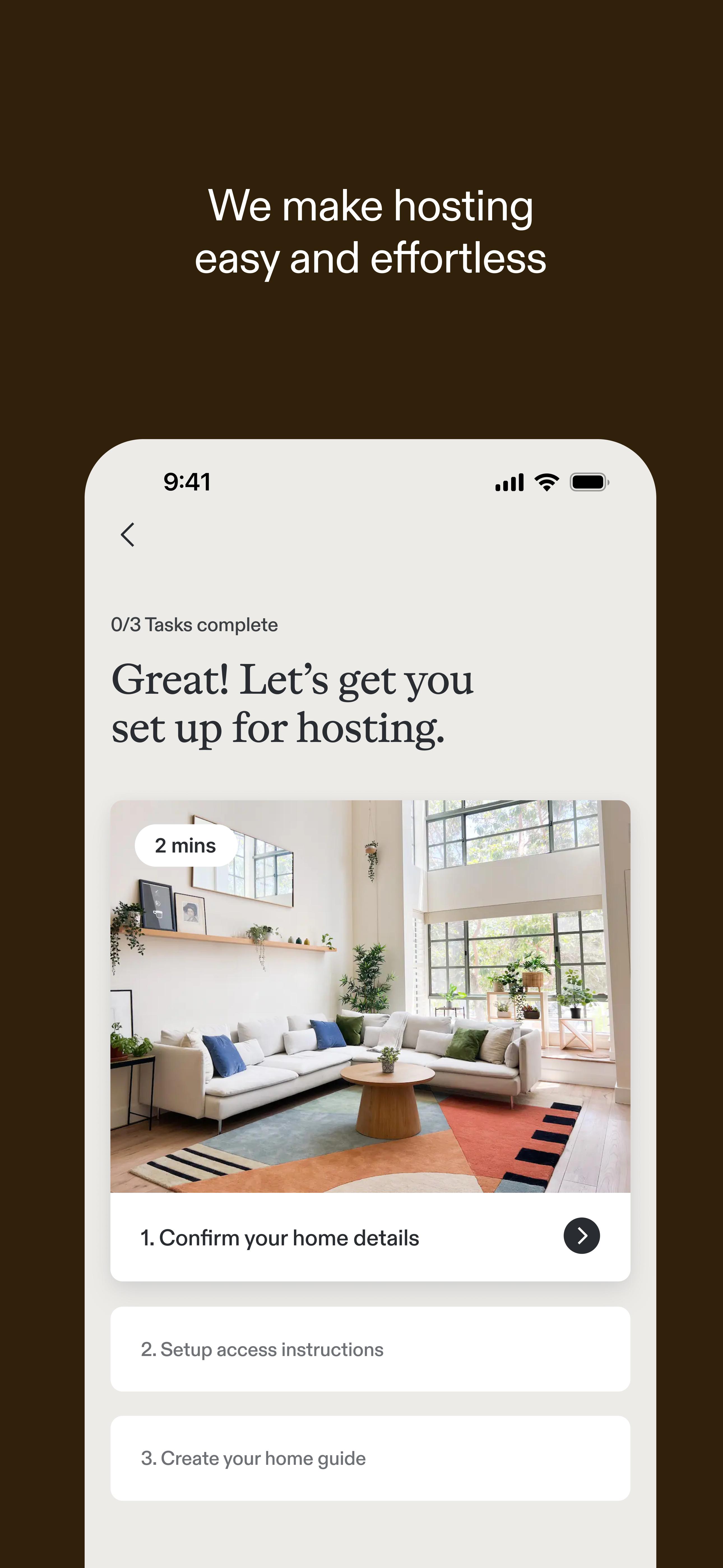 Kindred app interface guiding new members through hosting setup—featuring a bright, modern living room and easy steps to share your home through seamless home exchange.