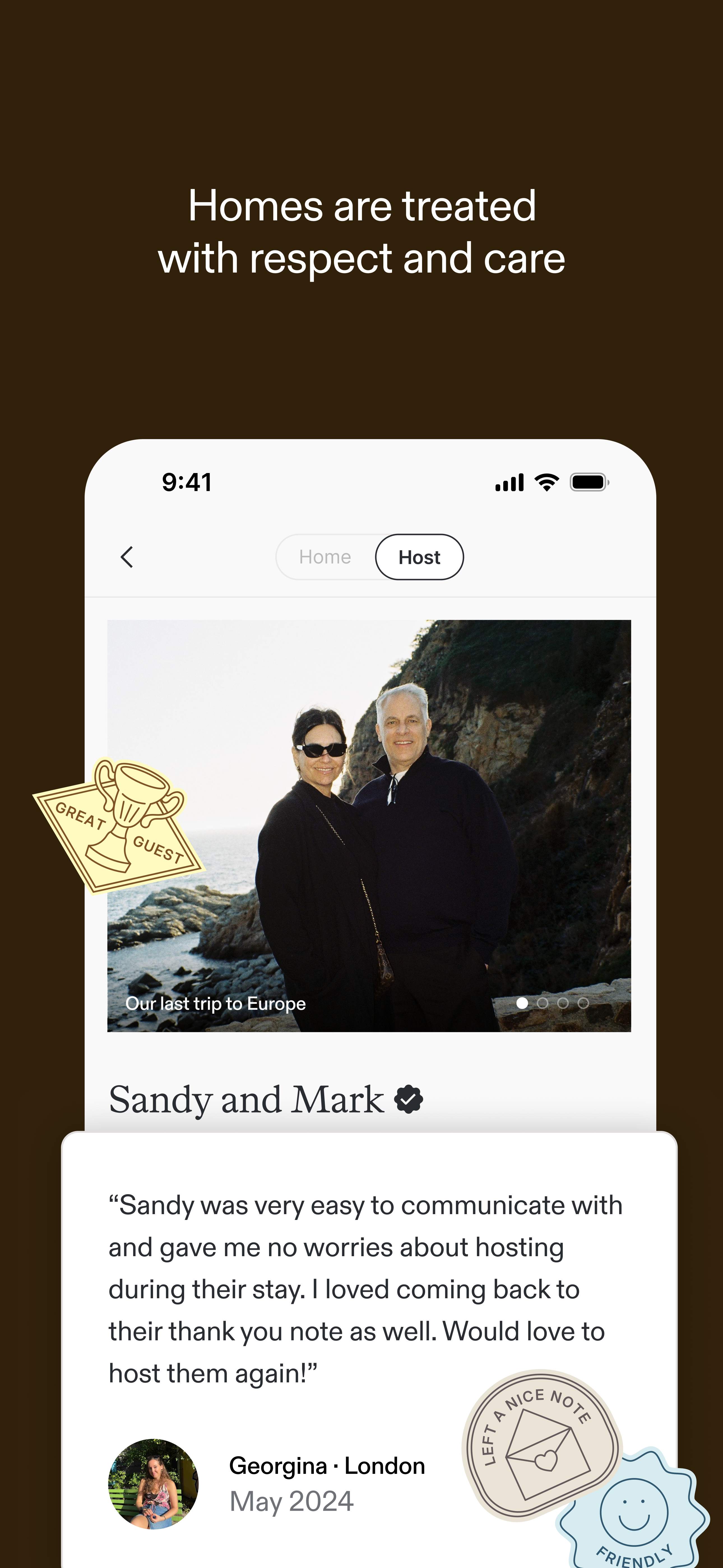 Kindred host profile showing Sandy and Mark, with a glowing guest review—demonstrating how home exchanges are built on trust, respect, and thoughtful hospitality.