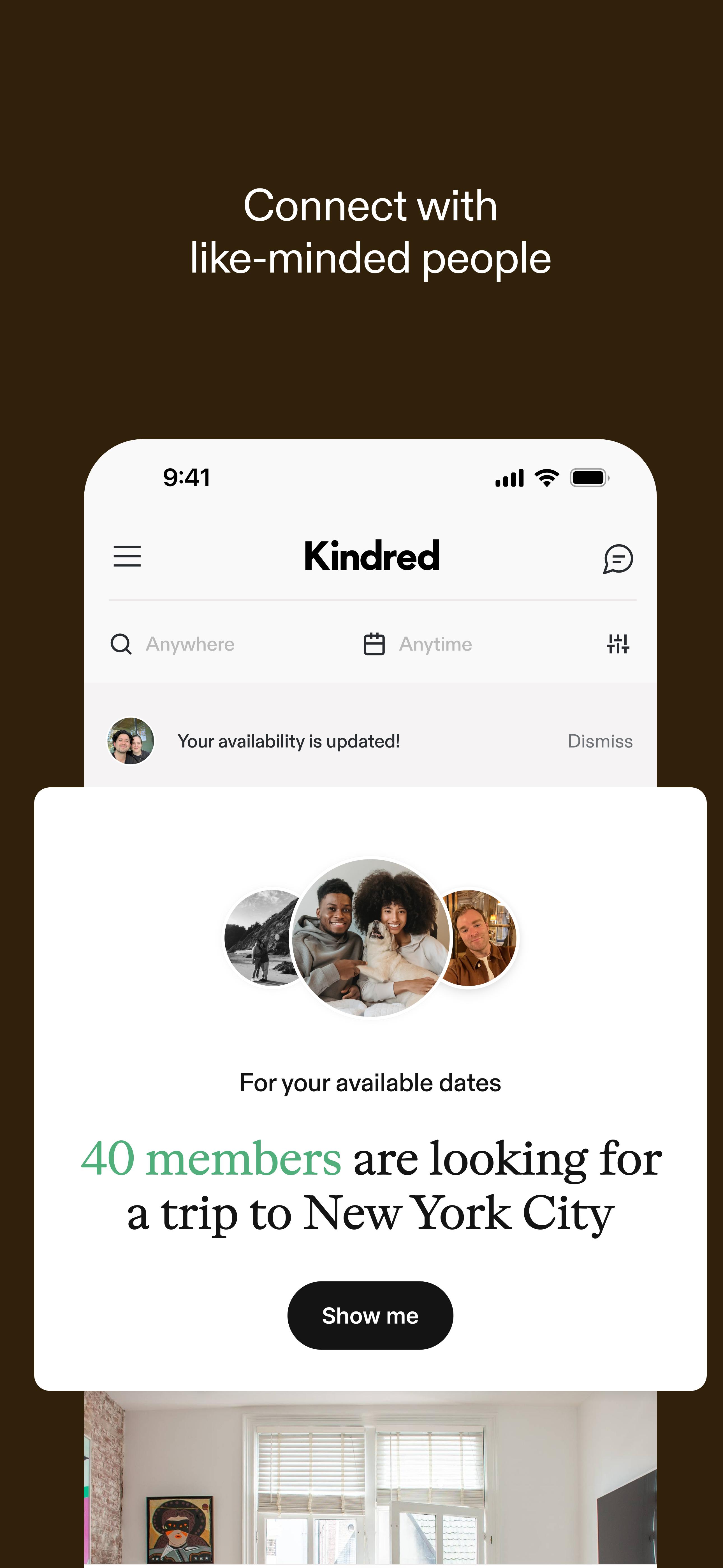 Kindred app showing 40 members looking to visit New York City—illustrating how home exchange connects like-minded travelers through shared availability and trusted networks.