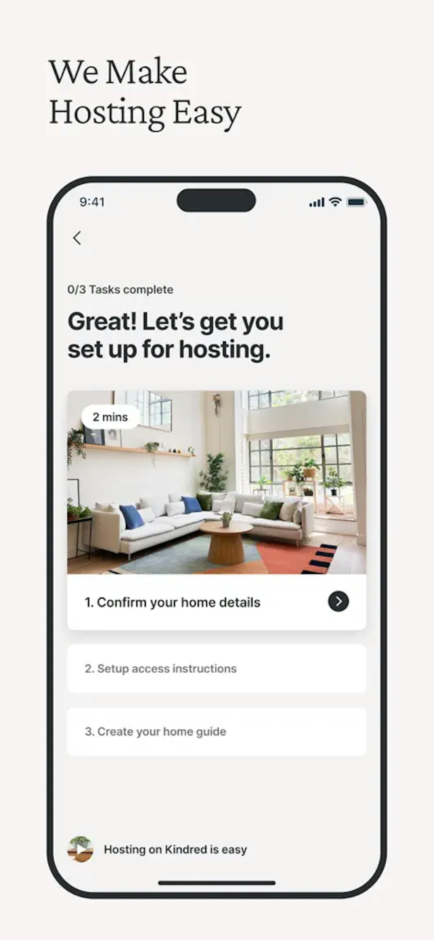 Easy hosting on Kindred - Showcasing a user-friendly guide for listing your home, emphasizing the support provided for cleaning and preparation to ensure a welcoming experience for guests.