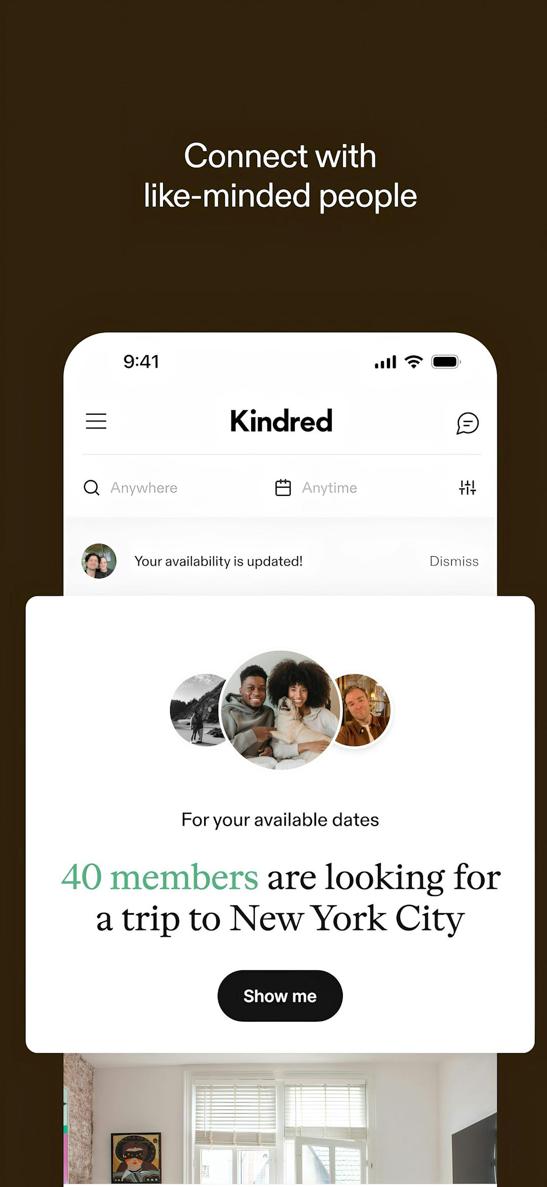 Kindred app showing 40 members looking to visit New York City—illustrating how home exchange connects like-minded travelers through shared availability and trusted networks.